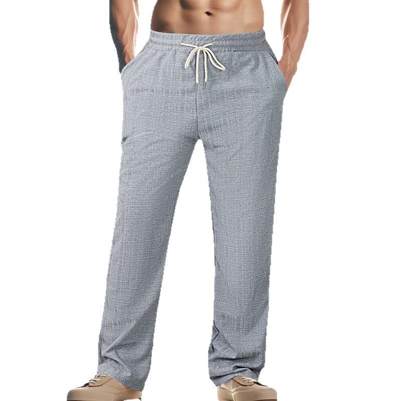 Men's Breathable Imitation Hemp Small Square Beach Trousers Loose Casual Sports Straight Leg Pants