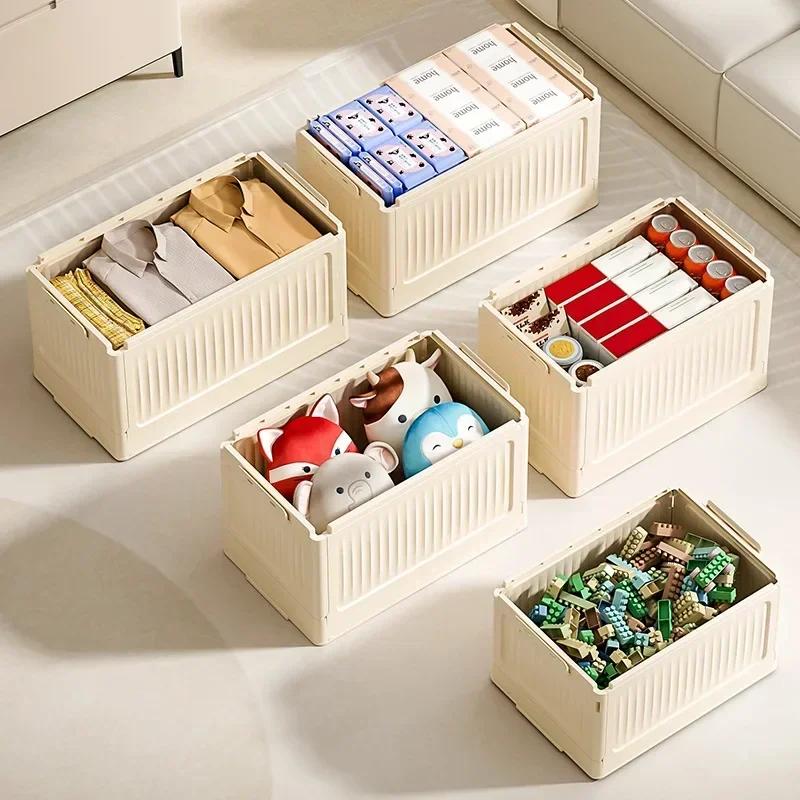 Folding Plastic Box with Pulley, Rectangular Box with Lid, Turnover Box, Storage Box Organizer, 39x27x21.5CM