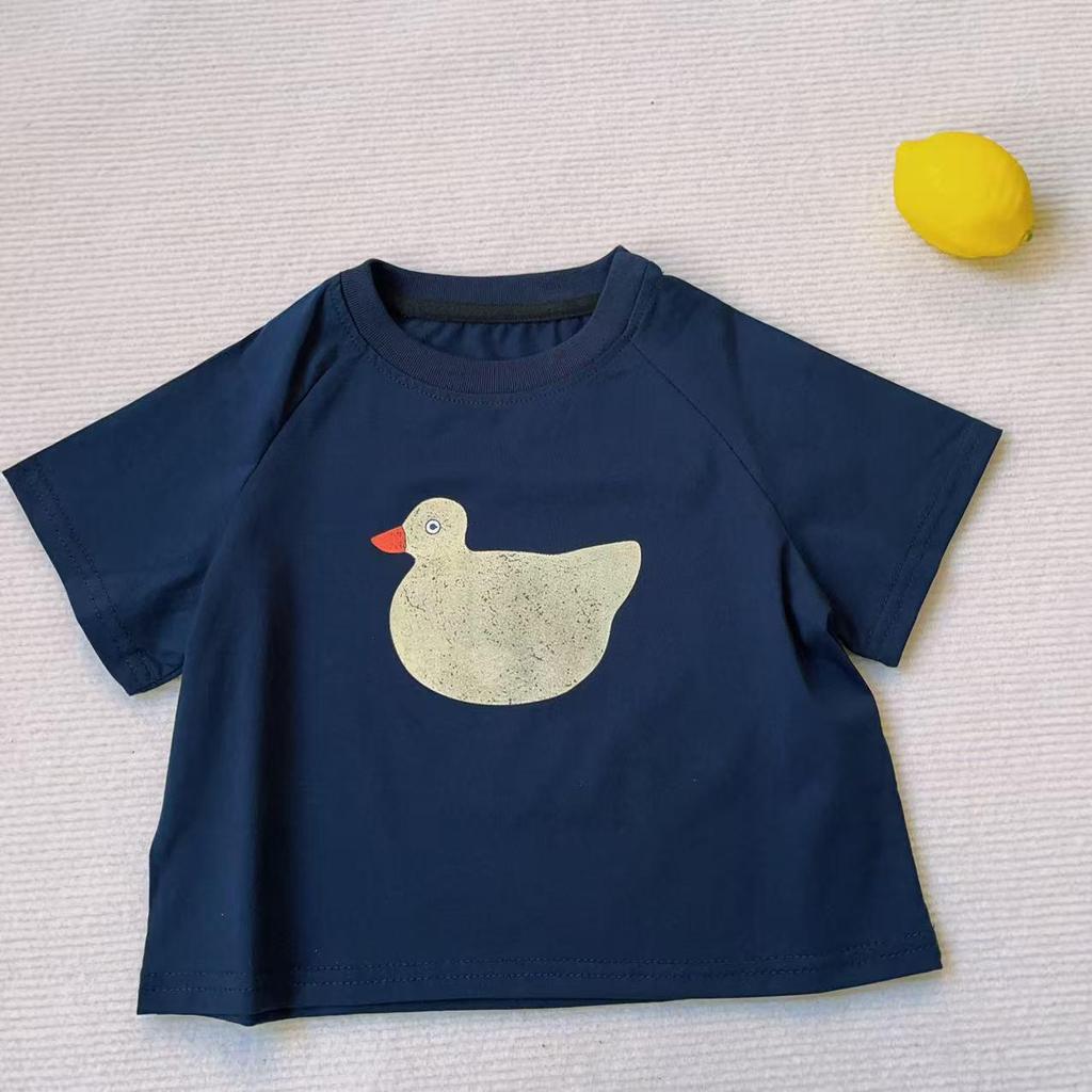 Kids' Summer Duck Print Cotton T-Shirt - Unisex Round Neck, Short Sleeve