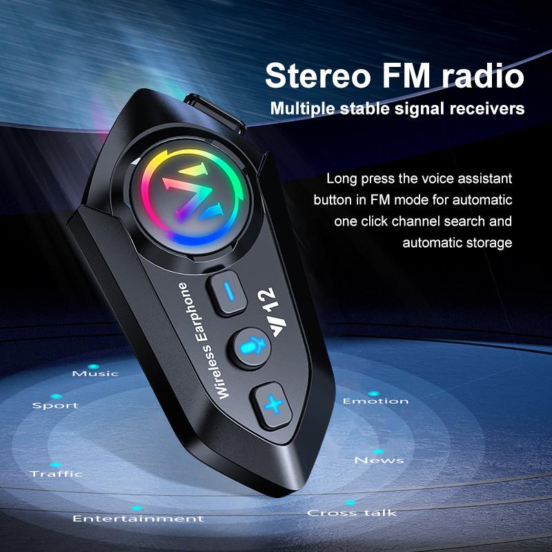 V12 Motorcycle Bluetooth Headset IP56 Waterproof Helmet Communication System with Noise Reduction and FM Radio