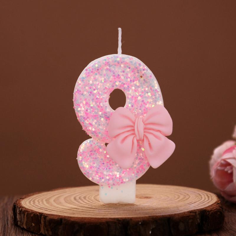 3D Number Cake Decorating Candles Cute Pink Bow Baby Girl Birthday Cake Topper Decoration Party Supplies 0-9 Digital Candle