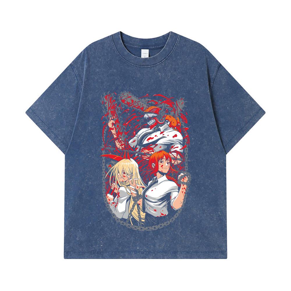 

275 GSM Washed T-shirts 100% Cotton Chainsaw Man V20 Print Unisex Heavy Cotton T Shirt 2XL королівський синій колір