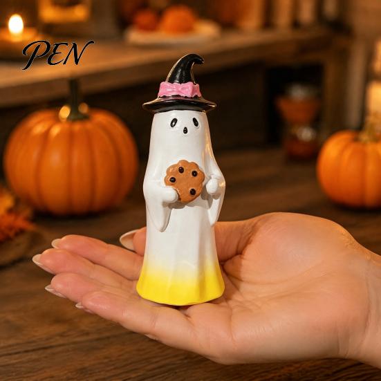 Small Ghost Statues for Fireplace Halloween Cute Ornament, Resin Figurines with Cake/Cookie Table Decorations Design Desktop Home Holiday Party