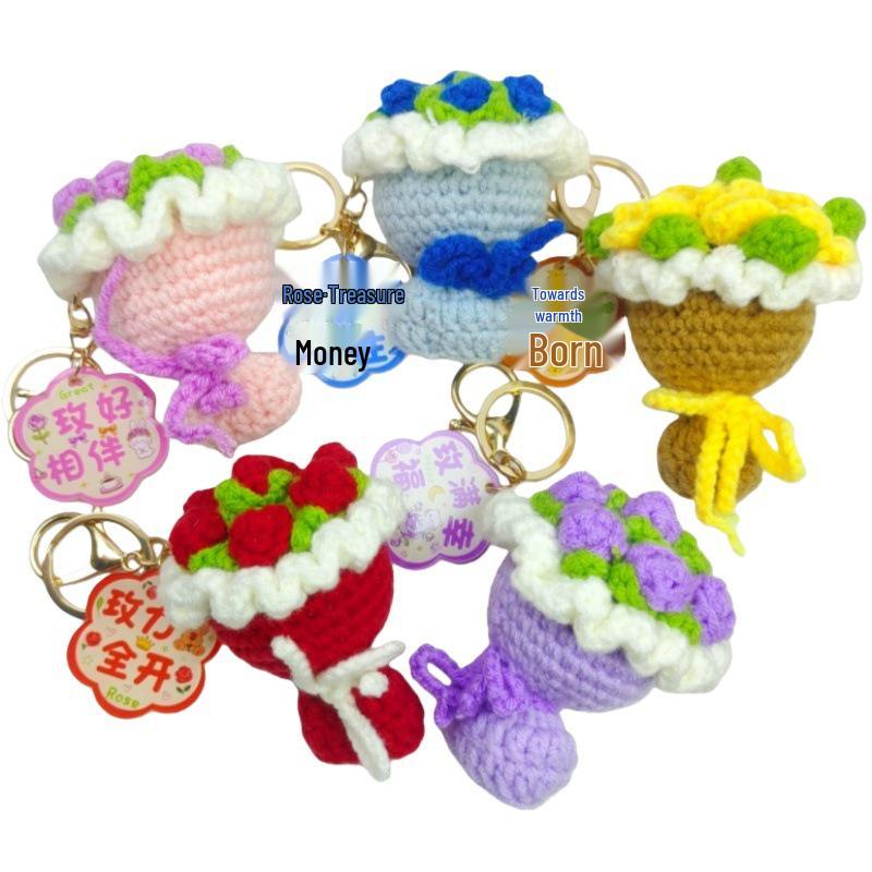 Handmade Knit Yarn Rose Flower Keychain Bag Accessory Gift