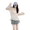 Jane Manni Summer Sunscreen Blouse Women's Loose Sweet Fungus Edge Thin Long-sleeved Lazy T-shirt Hollow Top