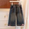 2025 Butterfly Wide-Leg Fleece Jeans for Baby Girls - Korean Style, Casual, Lace Accents, Thickened