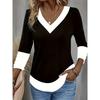 Women's Fashionable V-Neck Black and White Contrast Print Elegant Three-Quarter Sleeve T-Shirt - Machine Washable
