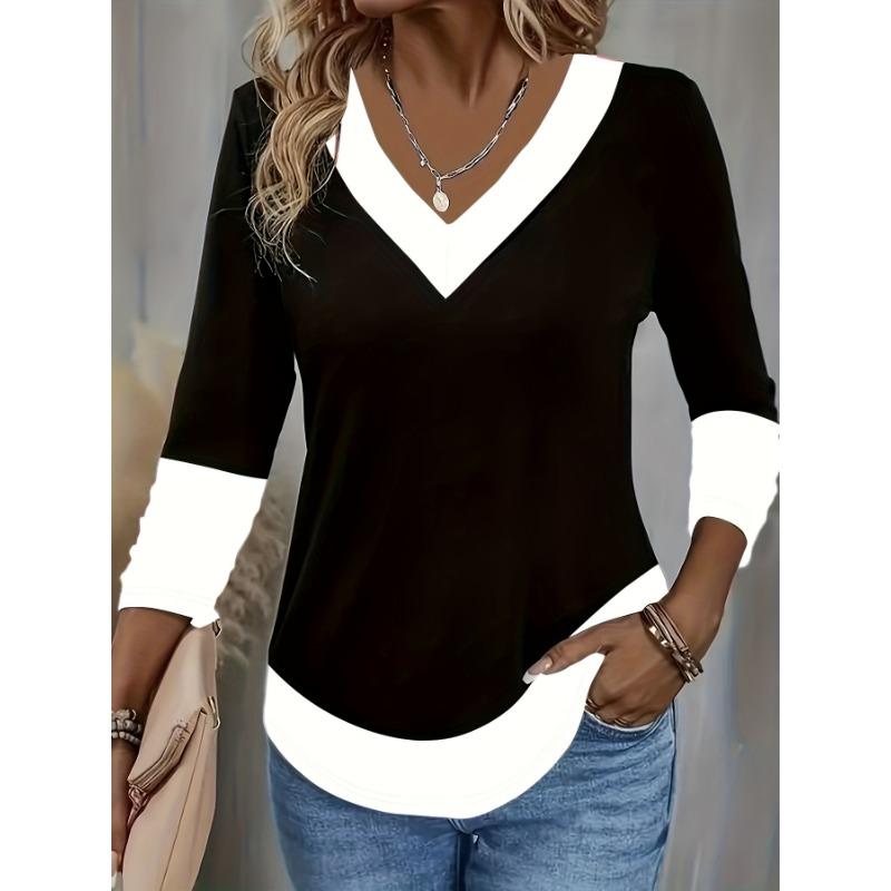 Women's Fashionable V-Neck Black and White Contrast Print Elegant Three-Quarter Sleeve T-Shirt - Machine Washable