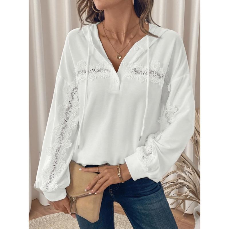 Autumn New Lace Stitching Hooded Sweatshirt Solid Color Casual Versatile Pullover Top