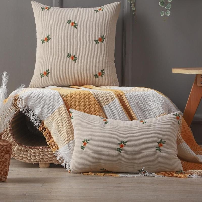 Elegant Embroidery Corduroy Cushion Cover Breathable Easy Caring Comfortable Bedroom Living Room