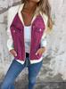 Women's Turn Down Collar Long Sleeve Denim Jacket Flared Hem Elegant Style Patchwork Zip Up Bomber Jacket Solid Color Spring Casual Outerwear