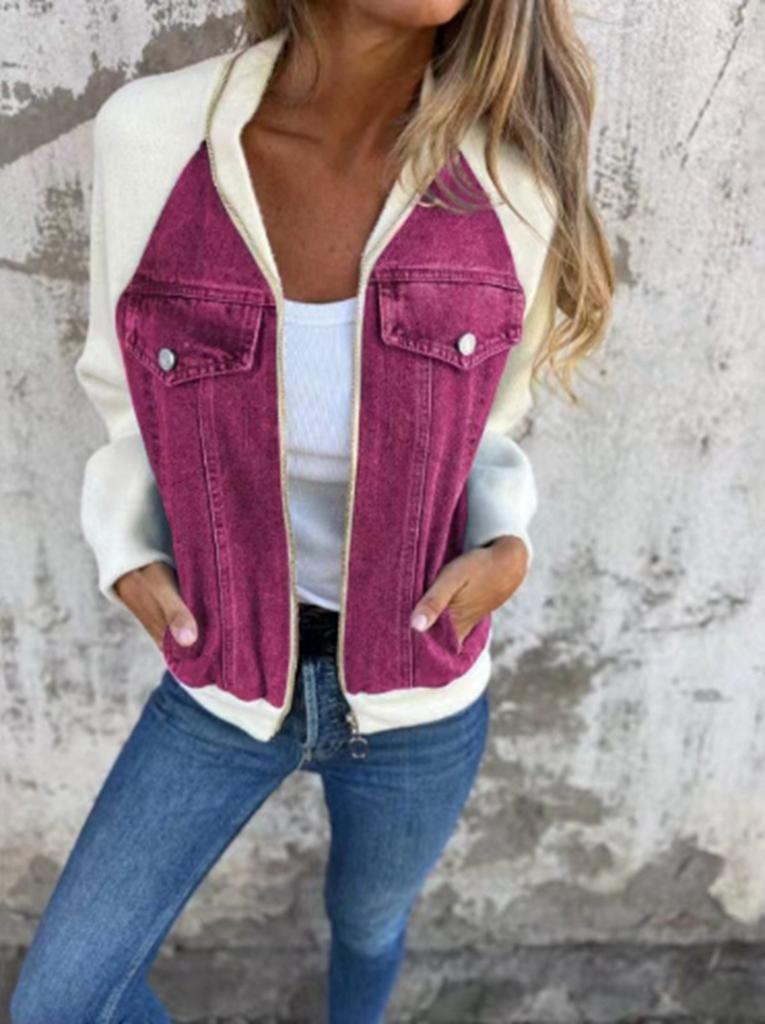 Women's Turn Down Collar Long Sleeve Denim Jacket Flared Hem Elegant Style Patchwork Zip Up Bomber Jacket Solid Color Spring Casual Outerwear