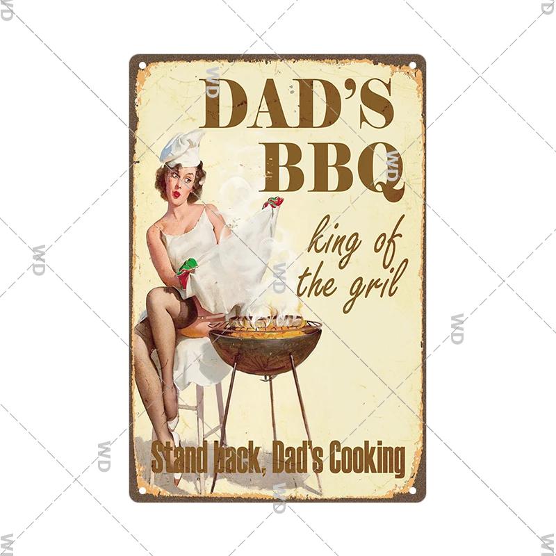 Dad's BBQ Party Metal Tin Plaque Retro Tin Signs Barbecue Rules Slogan Plate Vintage Grill Poster Yard Garden Kitchen Wall Decor