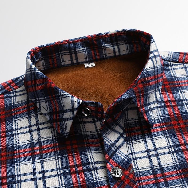 Men Winter Fleece Thickened Plaid Stand Collar Long Sleeve Business Casual Shirt