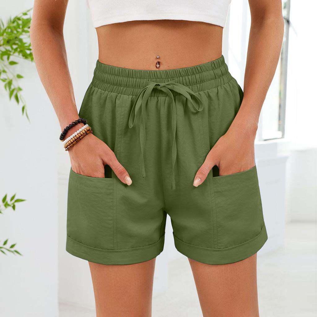 Women's Casual Fashion -Color Elastic Waistband Pocketed Wide-Leg Straight-Cut Shorts