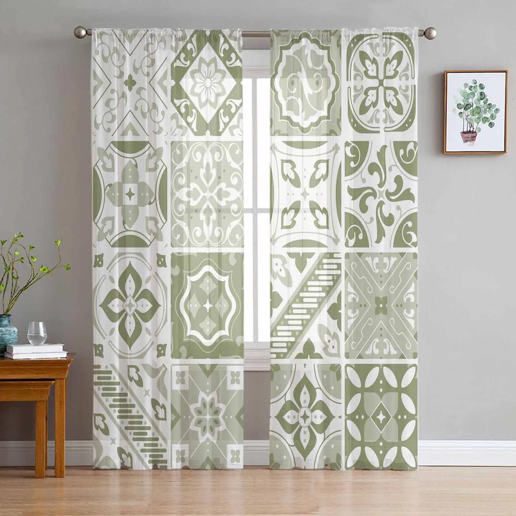Geometric Square Texture Black White Sheer Curtains for Living Room Decoration Window Curtain Kitchen Tulle Voile Organza Drapes