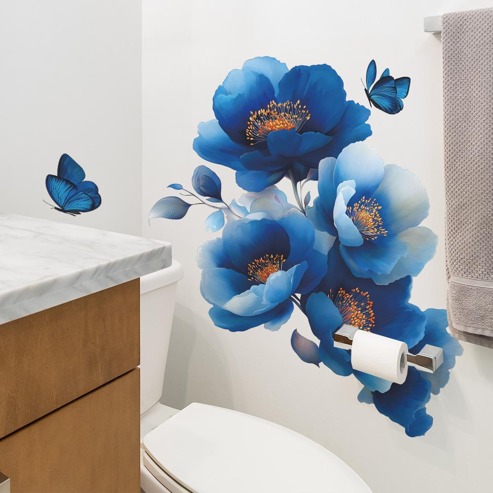 Creative and Dreamy Blue Floral Butterfly Background Wall Decoration Stickers for The Entrance Bathroom