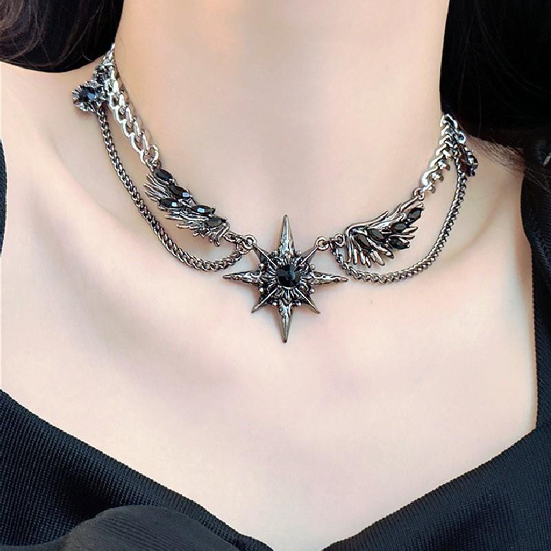 Y2K Gothic Punk Wing Star Pendant Choker Necklace Women Alloy Locket Chain Chic Edgy Sweet Cool Style