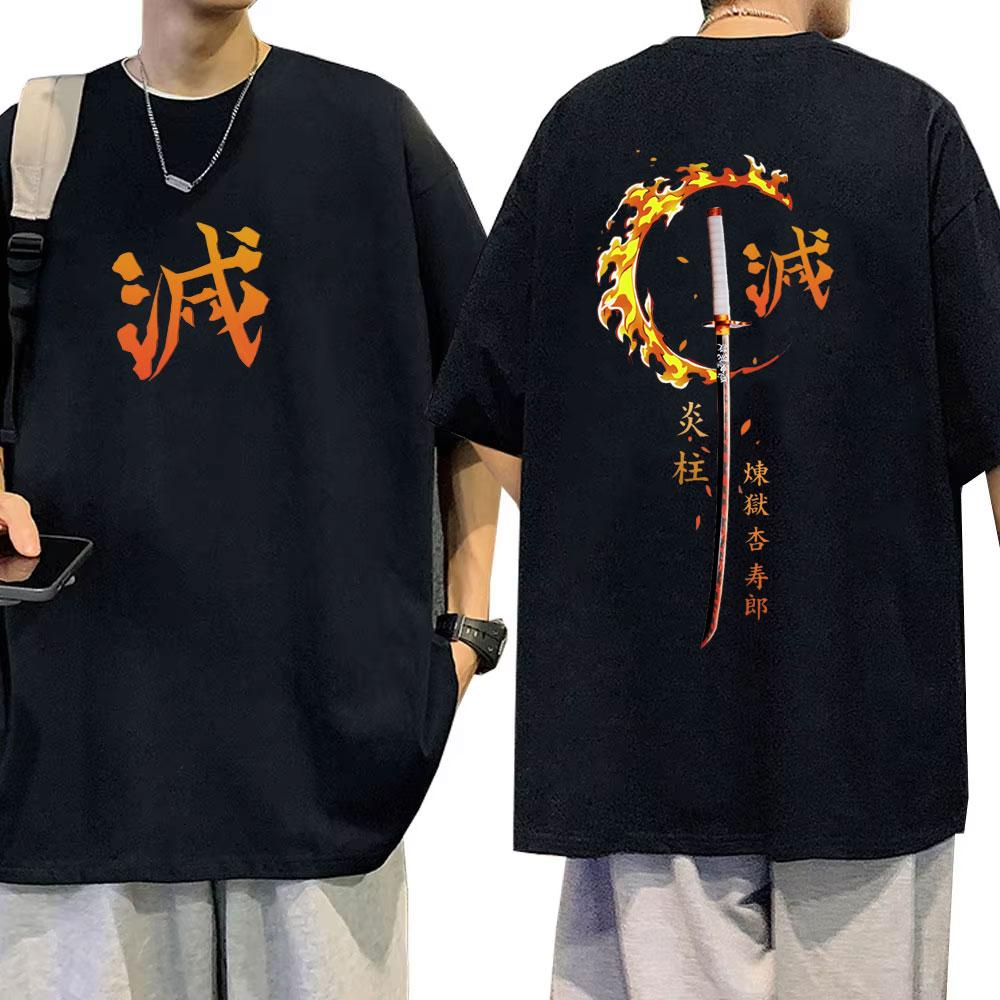 Anime Demon Slayer Rengoku Kyoujurou T Shirts Men Women Clothing Cotton Crewneck T-shirt Male Fashion Vintage Tshirt Streetwear