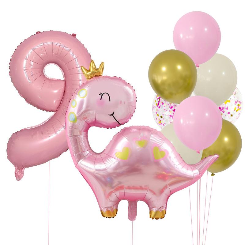 Cute Crown Pink Dinosaur Aluminum Film Balloon Set 32 Inch Pink Digital Girl First Birthday Party Decoration