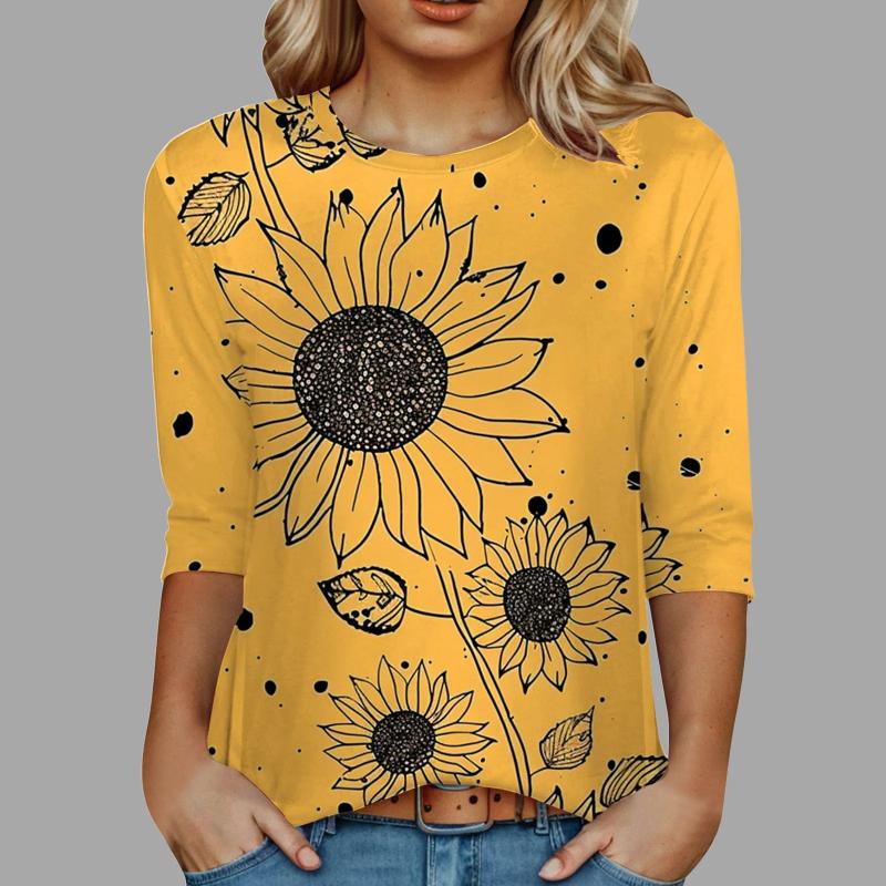 Women Fashion Sunflower Print Crew Neck T Shirt 3/4 Sleeve Wide Print Crew Neck Shirt T Shirts Women