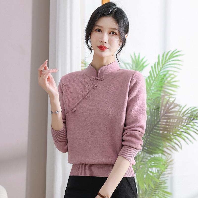 Autumn/Winter Fleece-Lined Knit Base Layer for Middle-Aged & Elderly Women - Half-High Neck, Thickened Fashion Sweater for Mothers