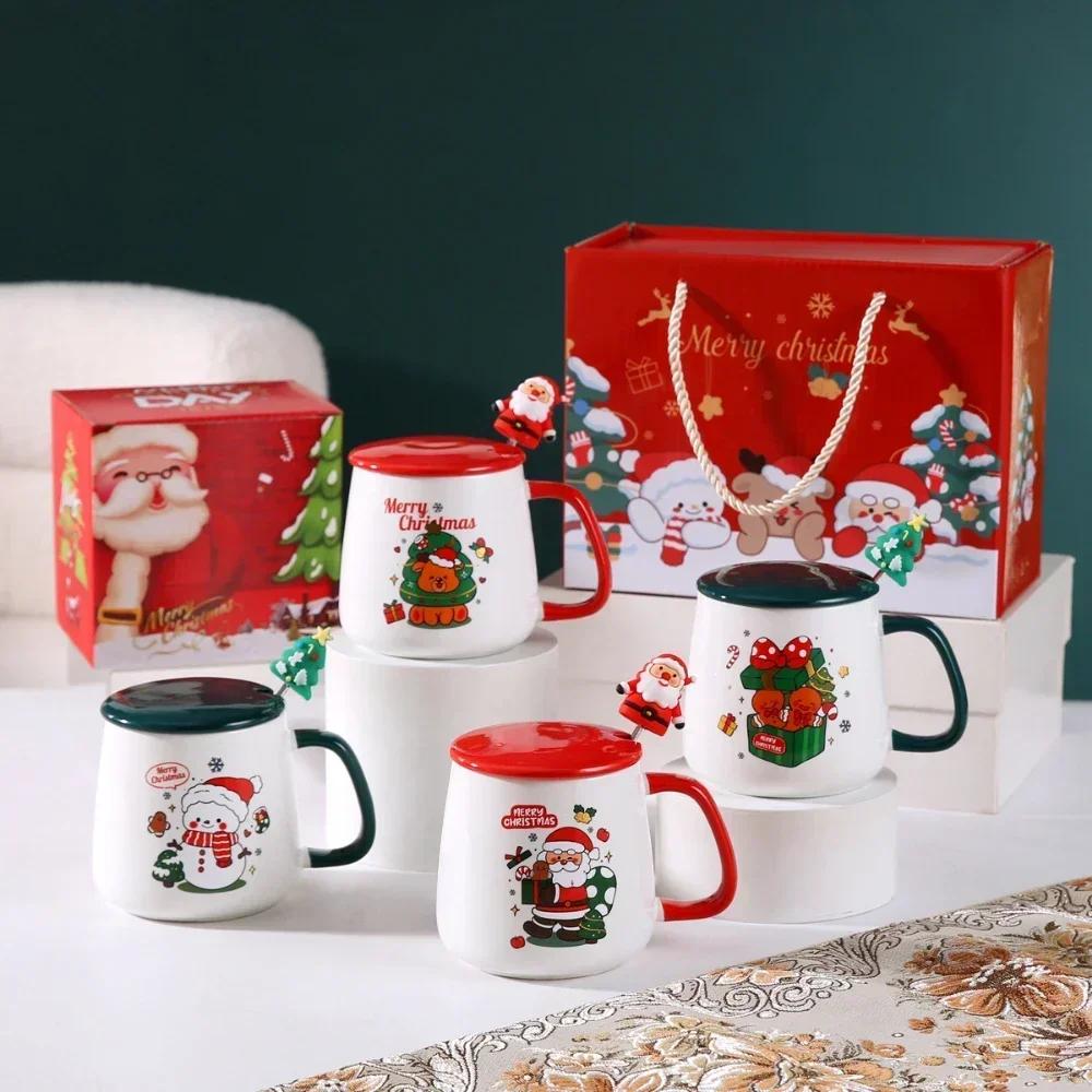 Santa Claus/Christmas Snowman/Christmas Deer ceramic coffee cup with lid & spoon Water mug gift box set Christmas holiday gift