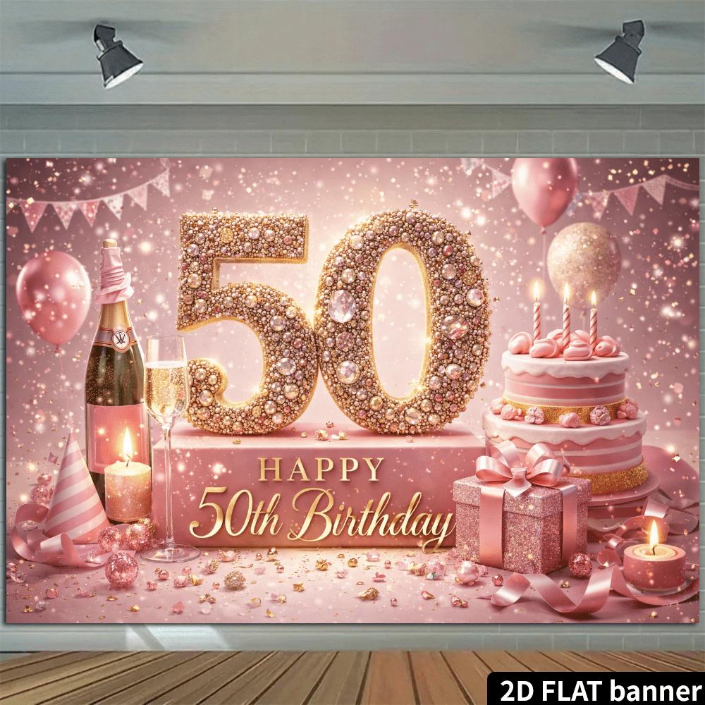 2D Plane 50th Birthday Party Backdrop Fabric Golden Glittering Diamonds Numerals 50 Theme Champagne Bottle and Striped Party