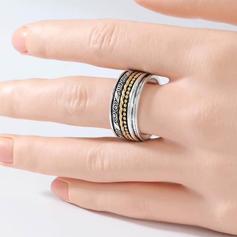 Vintage Hand Carved Geometry Women's Ring Two Color Metal Geometry Daily Wear Party Jewelry Anniversary Gift
