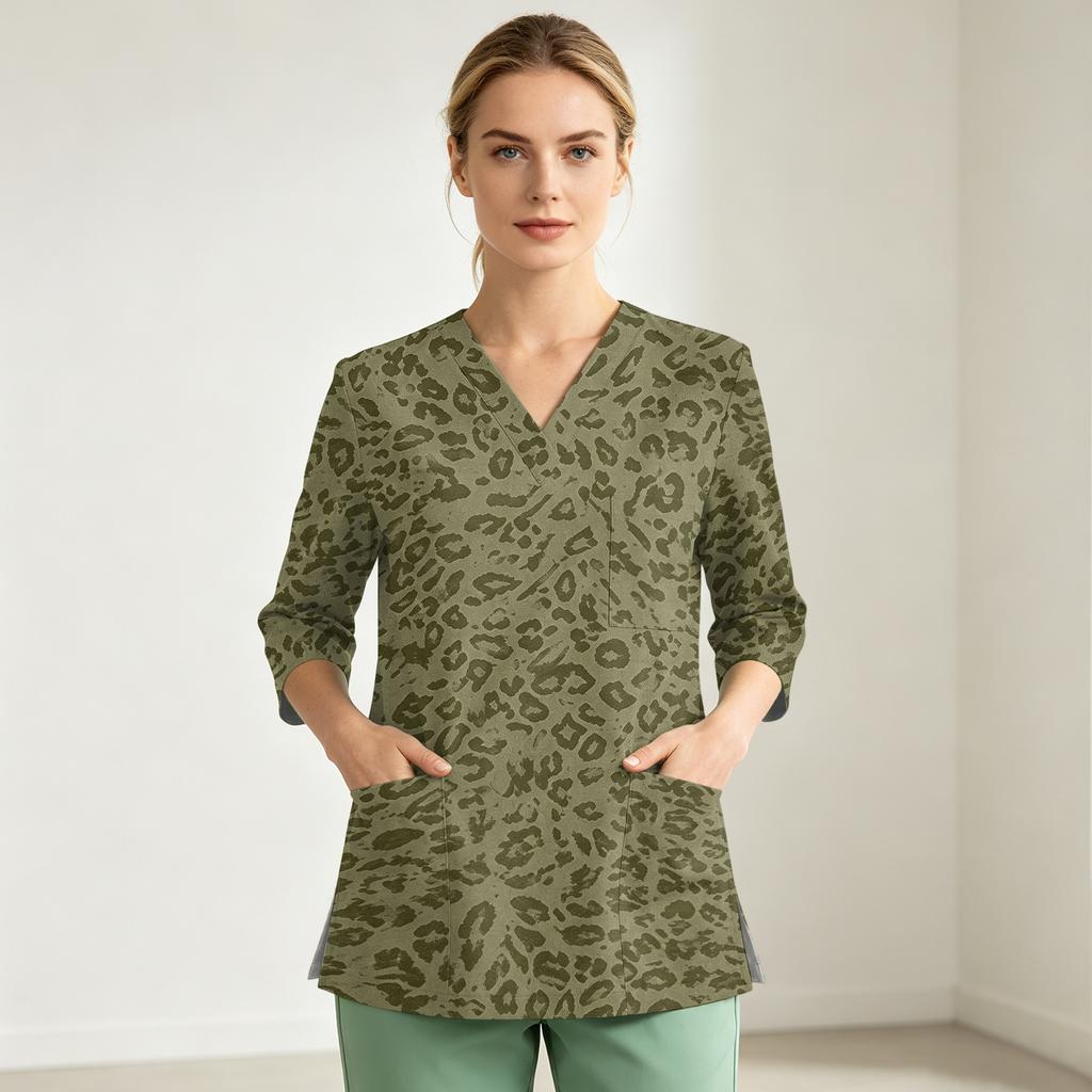 Women's Printed V-Neck Uniform Top with Single Pocket and Side Slit, 3/4 Sleeve
