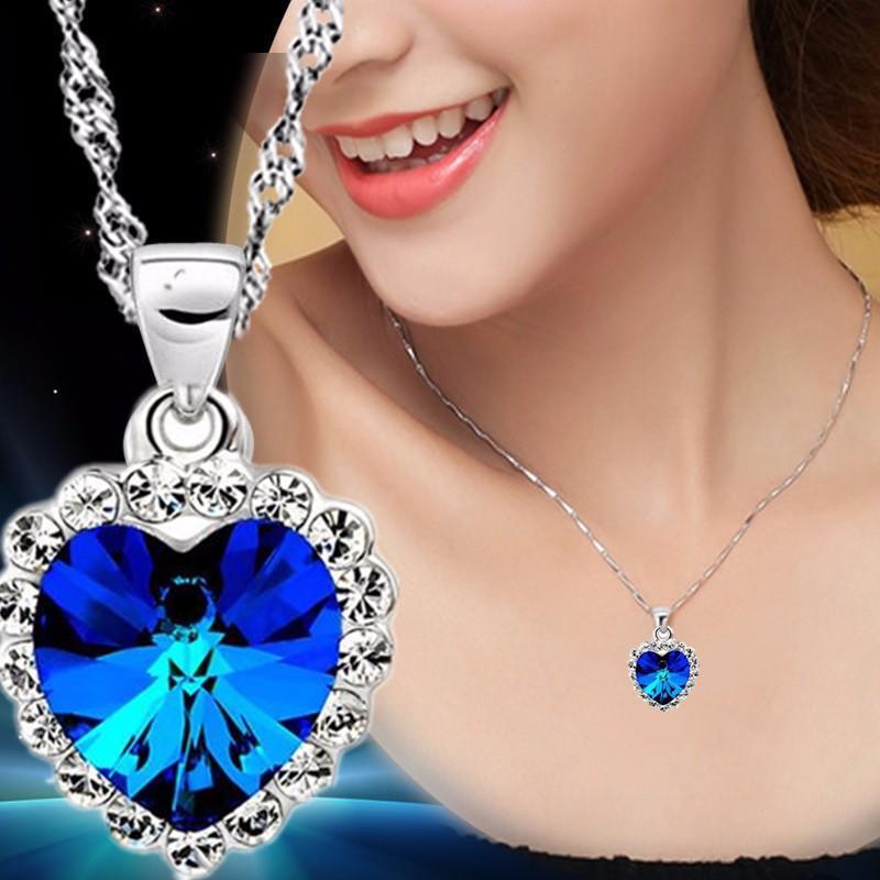 Collana Con Ciondolo Cuore Zaffiro E Cristallo, Gioiello Donna E Ragazza, Regalo Anniversario O San Valentino