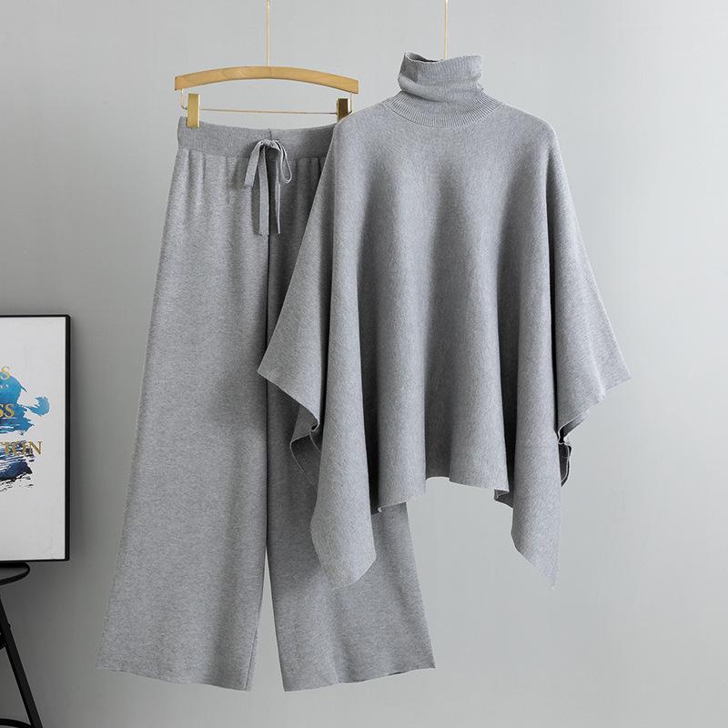 Women's Autumn Winter High Neck Cloak Sweater & Wide Leg Pants Set