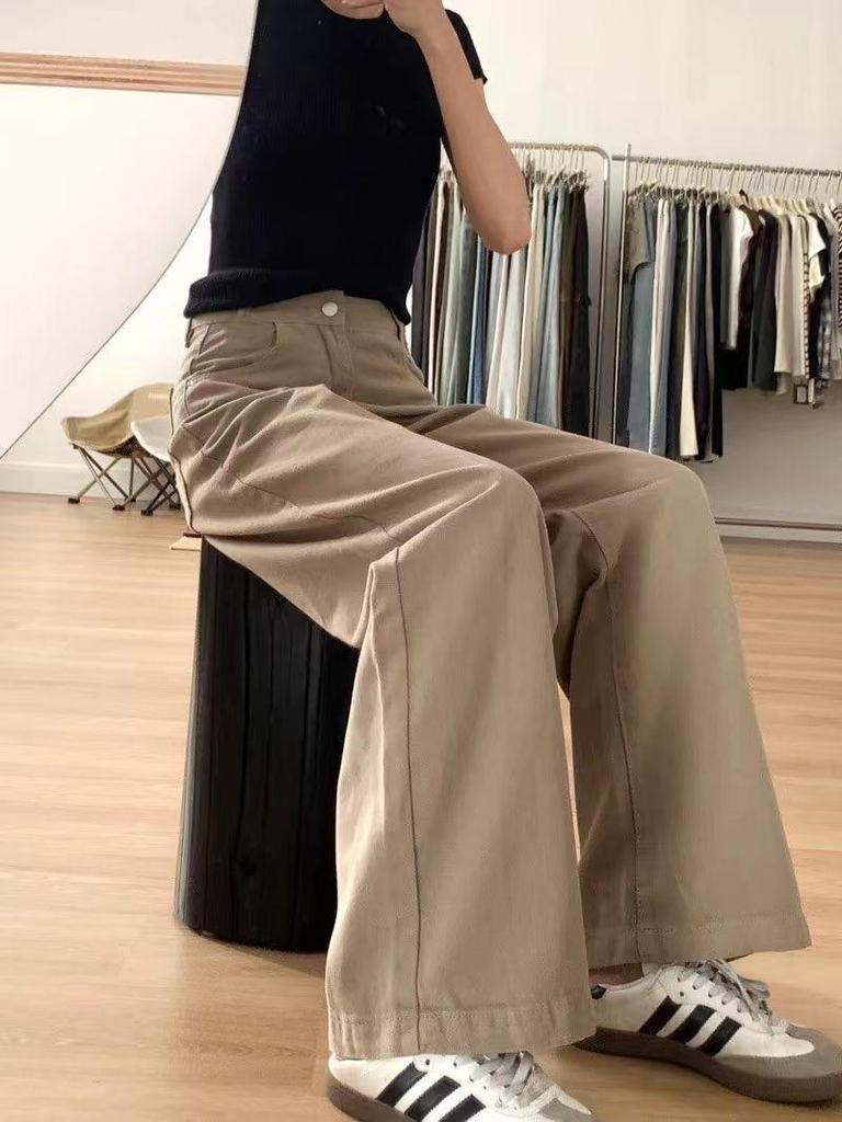 Women's Khaki Wide Leg Jeans - High Waist, Slimming, Versatile for Spring & Autumn