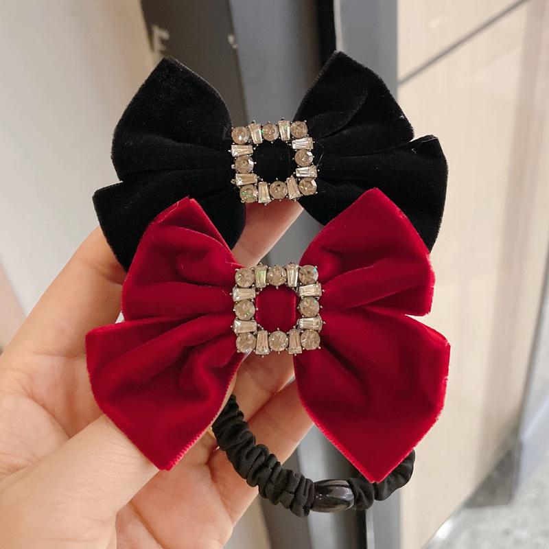 Elegant Black Velvet Rhinestone Bow Hair Tie for Low Ponytails