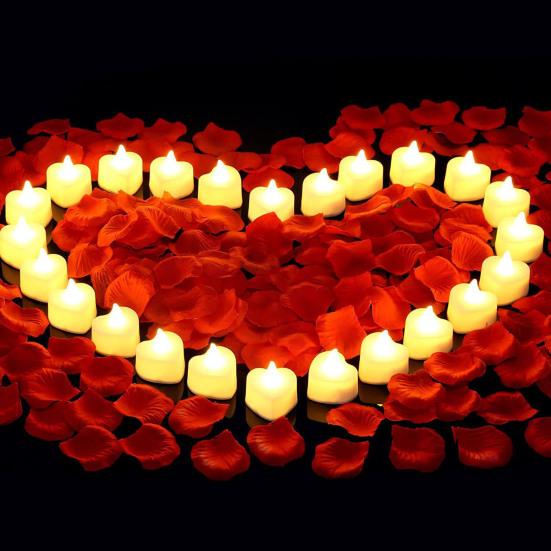 24Pcs LED Tealight Candles with Artificial Flower Petals Romantic Heart Shape Create Atmosphere Home Decoration Candle Light Kit