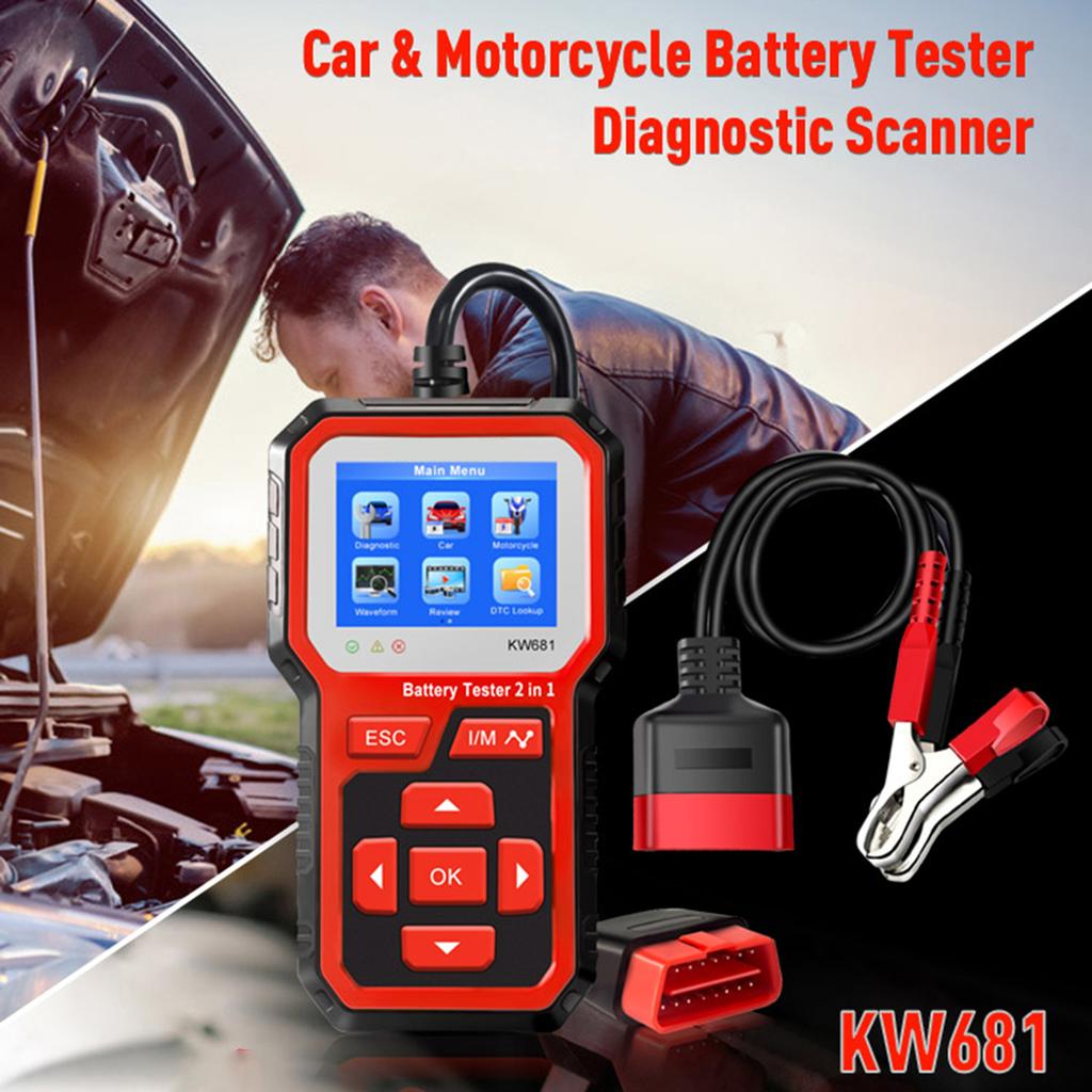 KONNWEI KW681 Car&Motrocycle Battery Tester & OBDII Diagnostic Scanner Tool 2 In 1