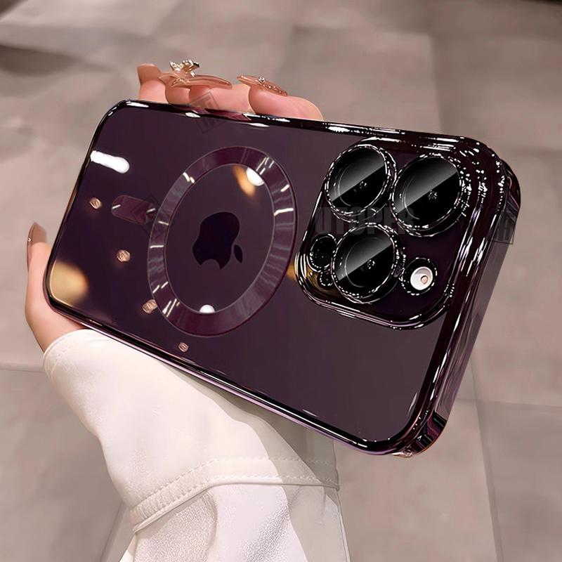 New Plating Fall Prevention TPU Phone Case For iPhone 16 15 14 13 12 11 Pro Max Plus Magsafe Magnetic Clear Lens Film Soft Cover