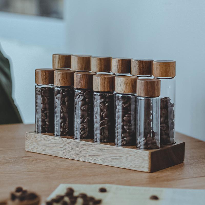 Bocal de stockage pour grains de café avec couvercle en bois et support d'exposition