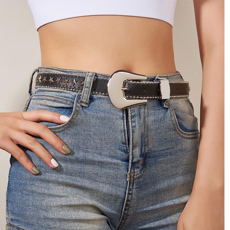 Belt Star Rhinestone Womens Casual Versatile Jeans Small Belt Leather Imitation