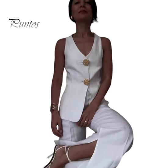 

2 шт./комплект женский жилет брюки костюм V-образный вырез застегивается на пуговицы без рукавов топ широкие свободные брюки формальный деловой стиль пригородный наряд M белый