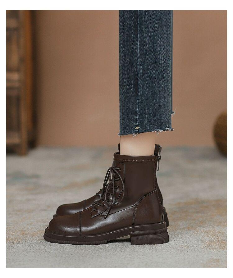 Women's Soft Leather British-Style Fleece-Lined Martin Boots - Autumn/Winter 2025, Thick-Soled, Short, Spring/Autumn Single Boots.