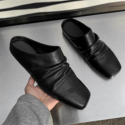 Sapatos Baixos de Couro Plissado 2025 para Homens Mules Loafers Sem Costas Chinelos Sapatos Casuais Semi-Arrasto Slides Masculinos Flats para Deslizar ao Ar Livre