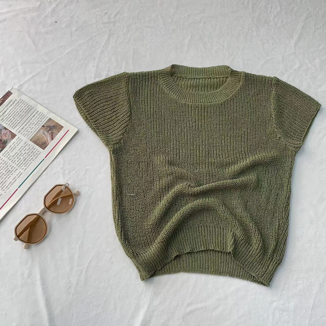 

Разноцветная трикотажная рубашка с короткими рукавами и короткими рукавами, с короткими секциями, облегающие топы Hundred, женские повседневные облегающие свитера, футболки One size зелёный