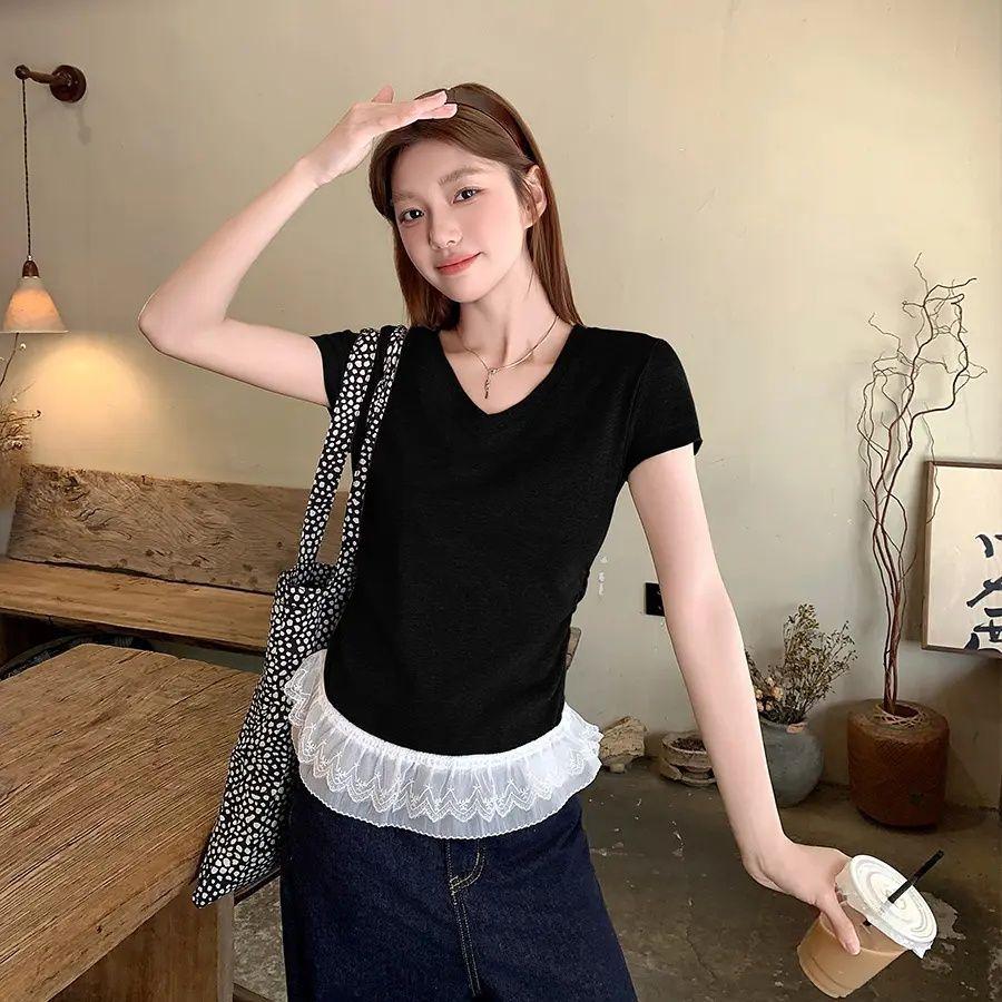

Футболка с короткими рукавами из французского кружева и кружевным подолом белого цвета для женщин, летний дизайн, топ с нишевой талией XL чёрный