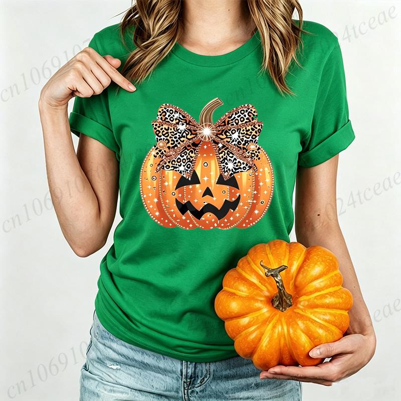 T-Shirt for Women Scary Pumpkin Head Graphic Tops Leopard Evil Pumpkin Face Halloween Print Tee Shirts Y2K Aesthetic Streetwear