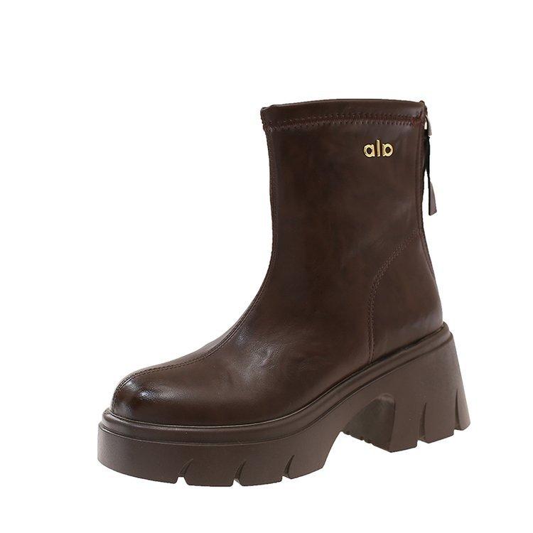 

Dadong модные ботинки женская обувь 2025 зима новые повседневные толстый каблук задняя молния высокий каблук круглый носок ботинки Мартин женские 40 коричневый