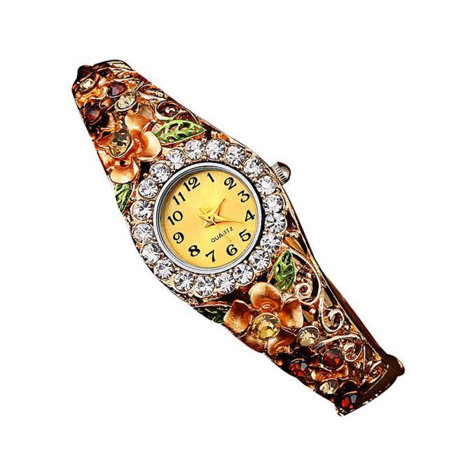 

Женские кварцевые роскошные хрустальные цветочные часы с браслетом золотой