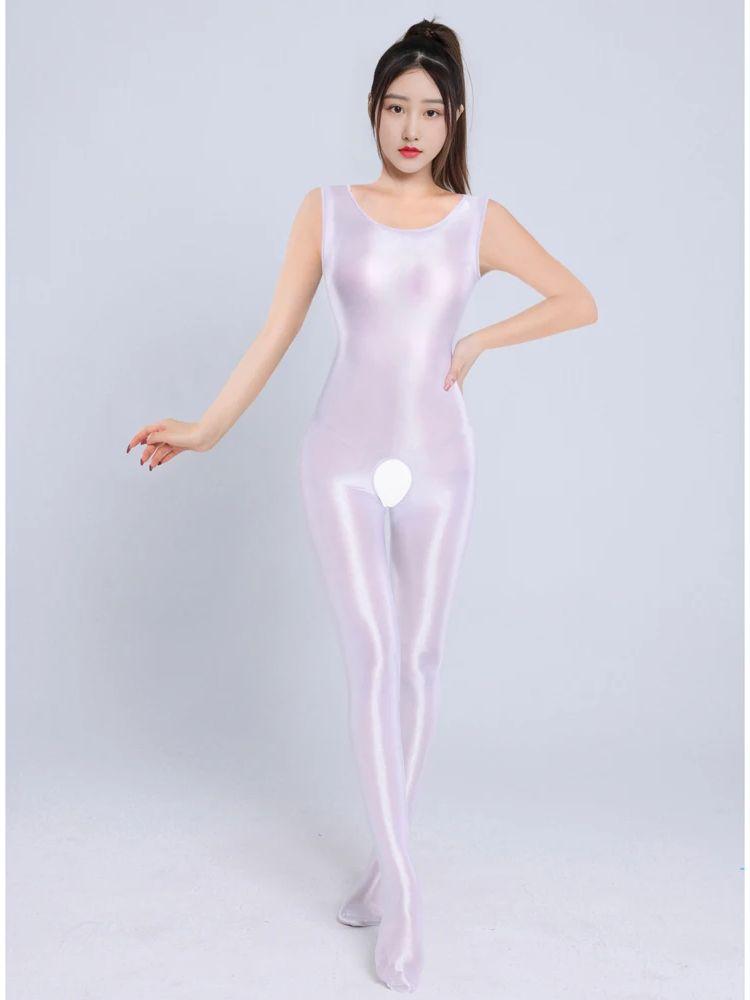 M Xl Unisex Sleeveless Shiny Bodystocking Catsuit Close Open Crotch Bodysuit Tights Sexy Transparent Leotard Conjoined Lingerie
