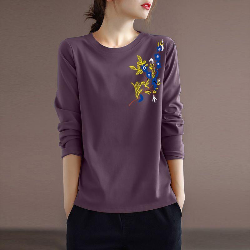 Spring and Autumn Women's Pullover Round Neck Plant&Flowers Printed Butterfly Contrast Long Sleeve T-shirt Underlay Elegant Tops