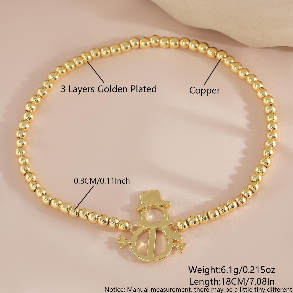 Gold-Plated Copper Bead Snowman Bracelet: Festive Elastic Accessory